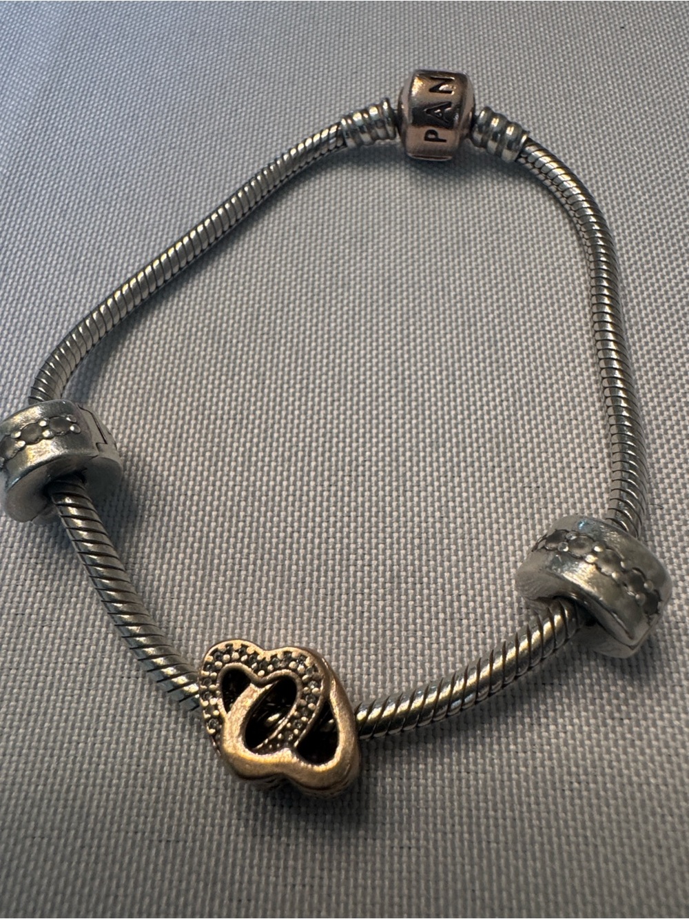 Pandora Two-Tone Snake Chain Bracelet with Rose Gold Heart Accent